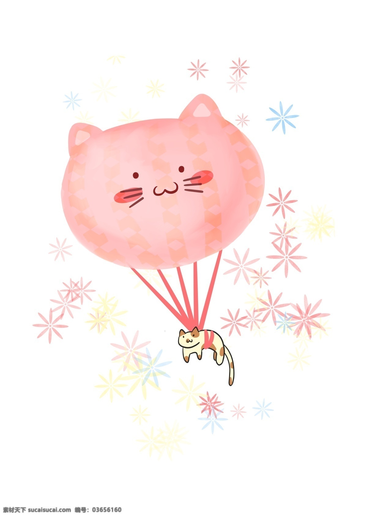 猫咪 可爱 漂浮 热气球 动物 猫 粉色 气球 篮子 梦幻 童趣 简约 起飞 卡通气球 天空 飞翔