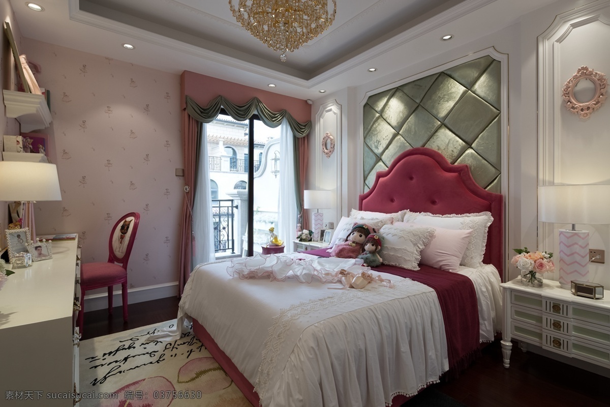 现代 时尚 卧室 玫 红色 床头 室内装修 效果图 金色吊灯 卧室装修 浅色地毯 白色柜子