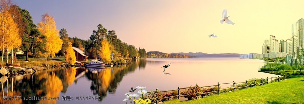 美丽 湖 景 傍晚 草地 船 房产广告 房地产广告 房子 鹤 花园 黄昏 美丽湖景 楼盘 景区 远山 建筑 木屋 psd源文件