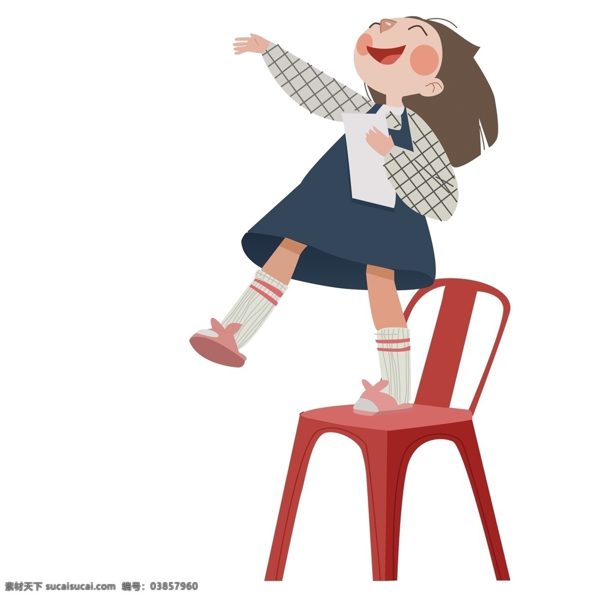 卡通 简约 站 椅子 上 女孩 乐观 人物 插画