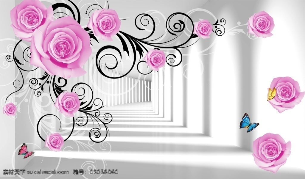 3d 走廊 玫瑰 立体 粉红色 花卉 花藤 蝴蝶 简约 分层 电视背景墙 装饰画 背景墙系列