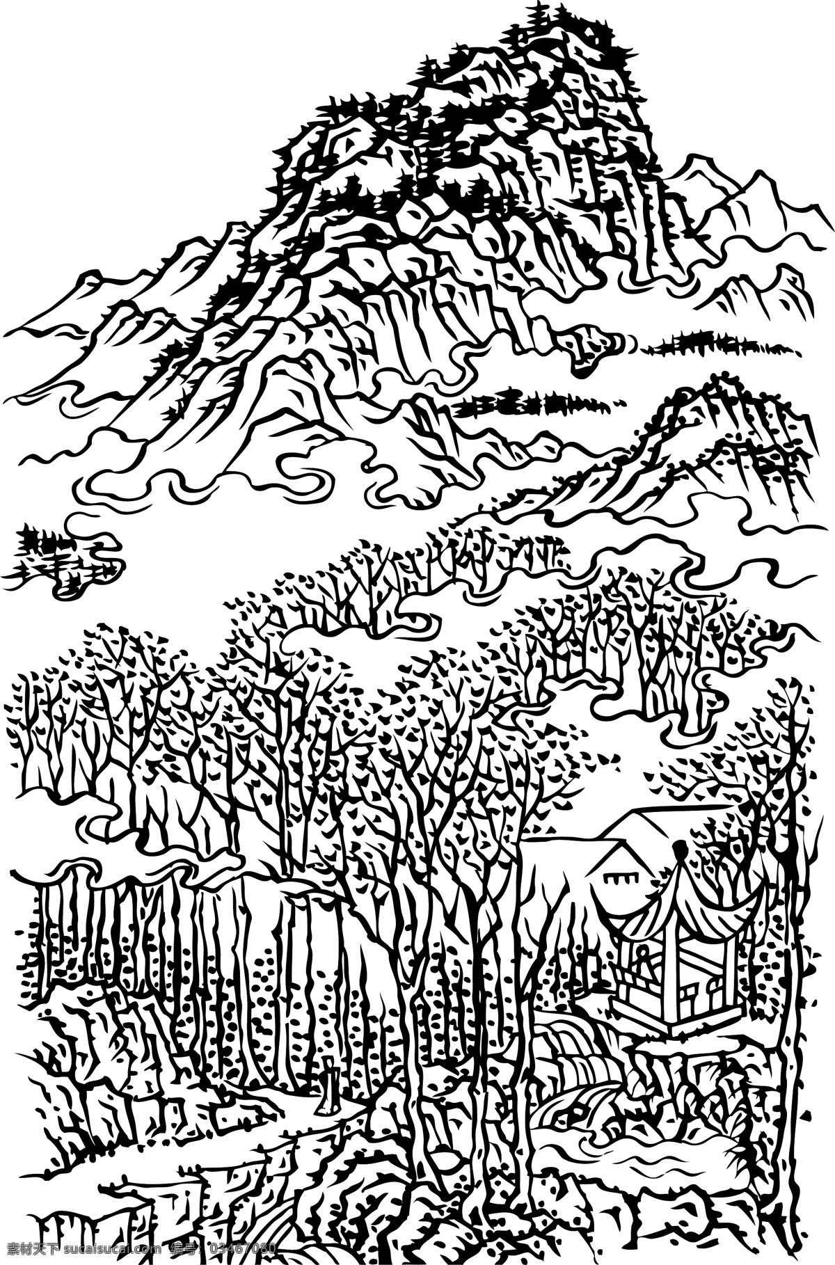 泰山树林亭子 白描 河流 林间小道 美术绘画 树木 松树 泰山 亭子 文化艺术 线稿 矢量 图 模板下载 矢量图 其他矢量图