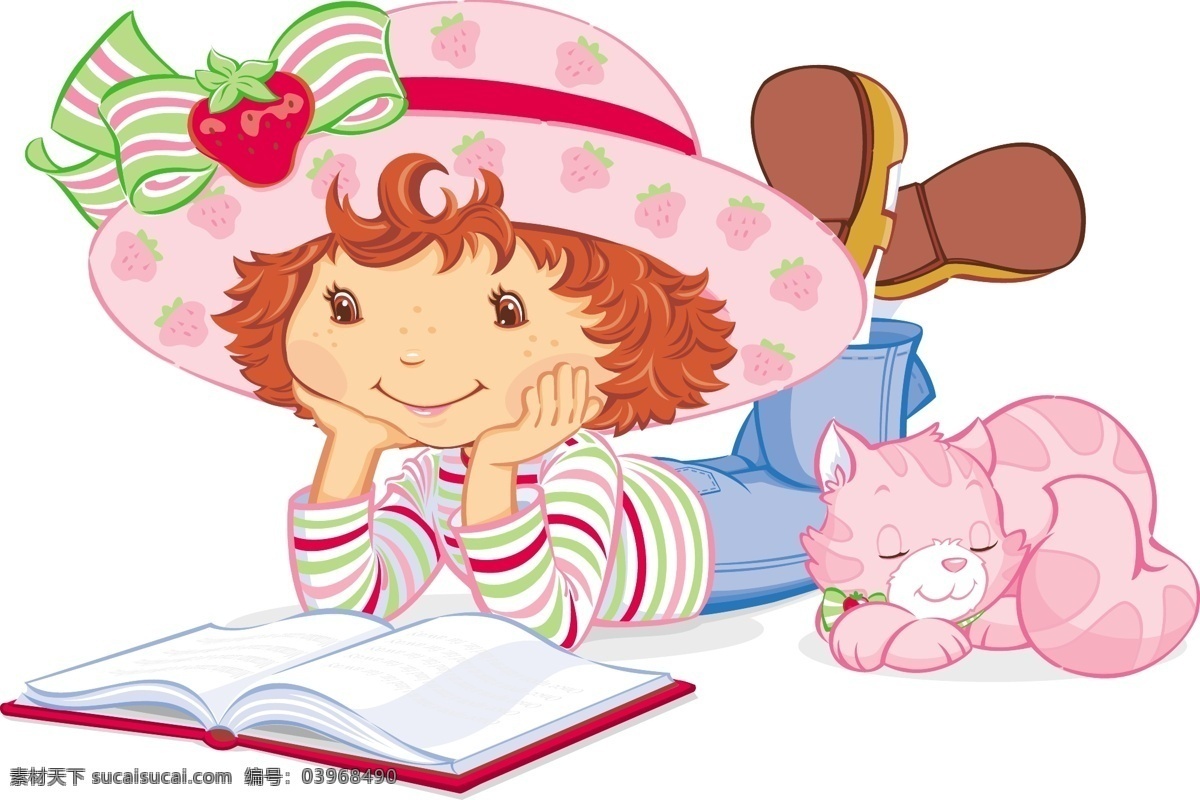 甜美 卡通 草莓 女孩 活泼 卡通女孩 开心 可爱 美丽 漂亮 思考 戴帽子的女孩 坐在 上 背着 书包 小狗 咬书的狗 看书的女孩 小猫 矢量图 矢量人物