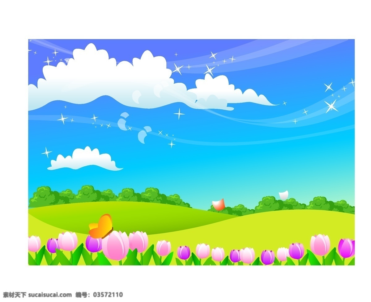 春暖花开 风景 卡通画 蓝天白云 矢量图 儿童美景插画 花卉绿地 其他矢量图