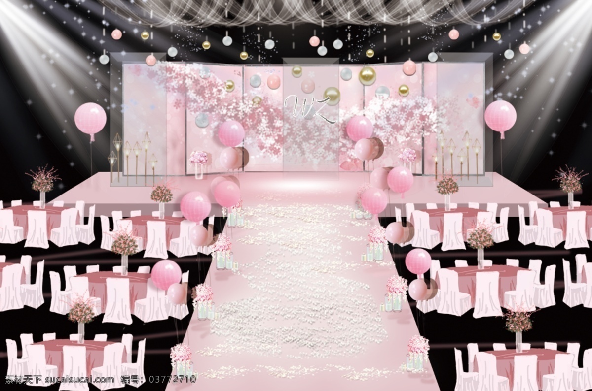 裸 粉色 樱花 婚礼 舞台 效果图 粉色桌花 樱花造型 粉色小球 钻石灯 鲜花路引 粉色桌椅 哑粉色气球 金色银色小球