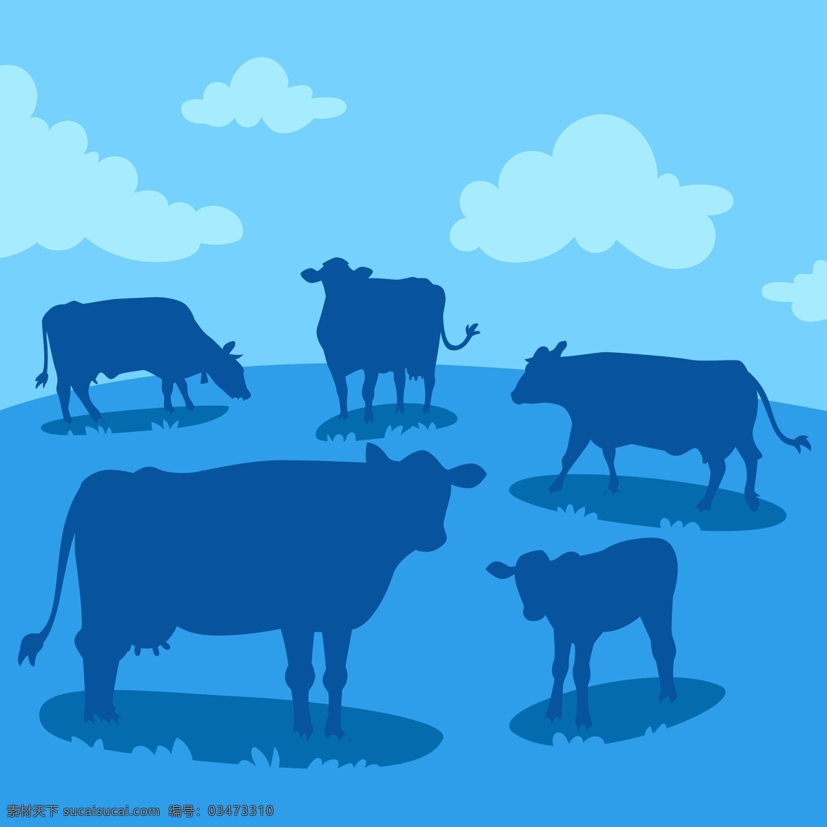奶牛 设计素材 奶牛剪影 蓝天白云 草场 农场 牛奶 背景图片 可爱的小牛 草原 牧场风景 大自然 动物高清 生物世界 家禽家畜