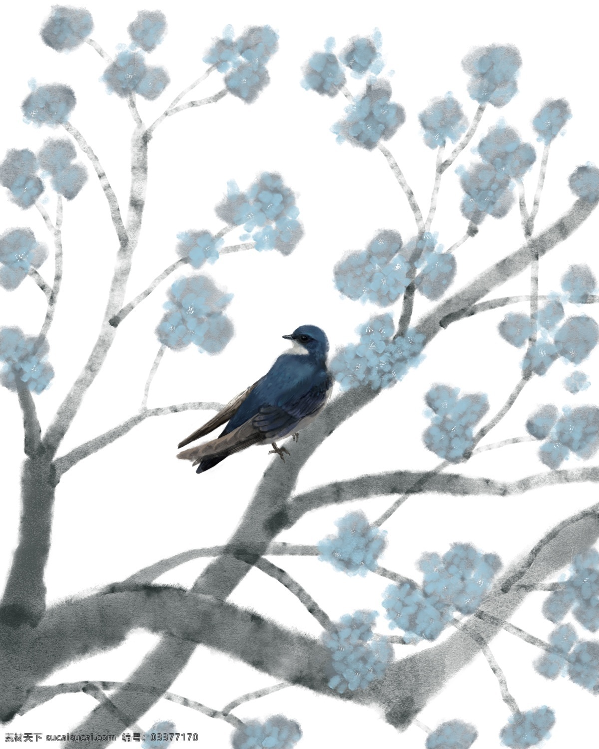 手绘 大树 鸟 插画 手绘鸟 工笔画 乌鸦 动物 植物插画 手绘大树 开满花朵的树 站在树上的鸟 黑色的鸟 灰色的树枝
