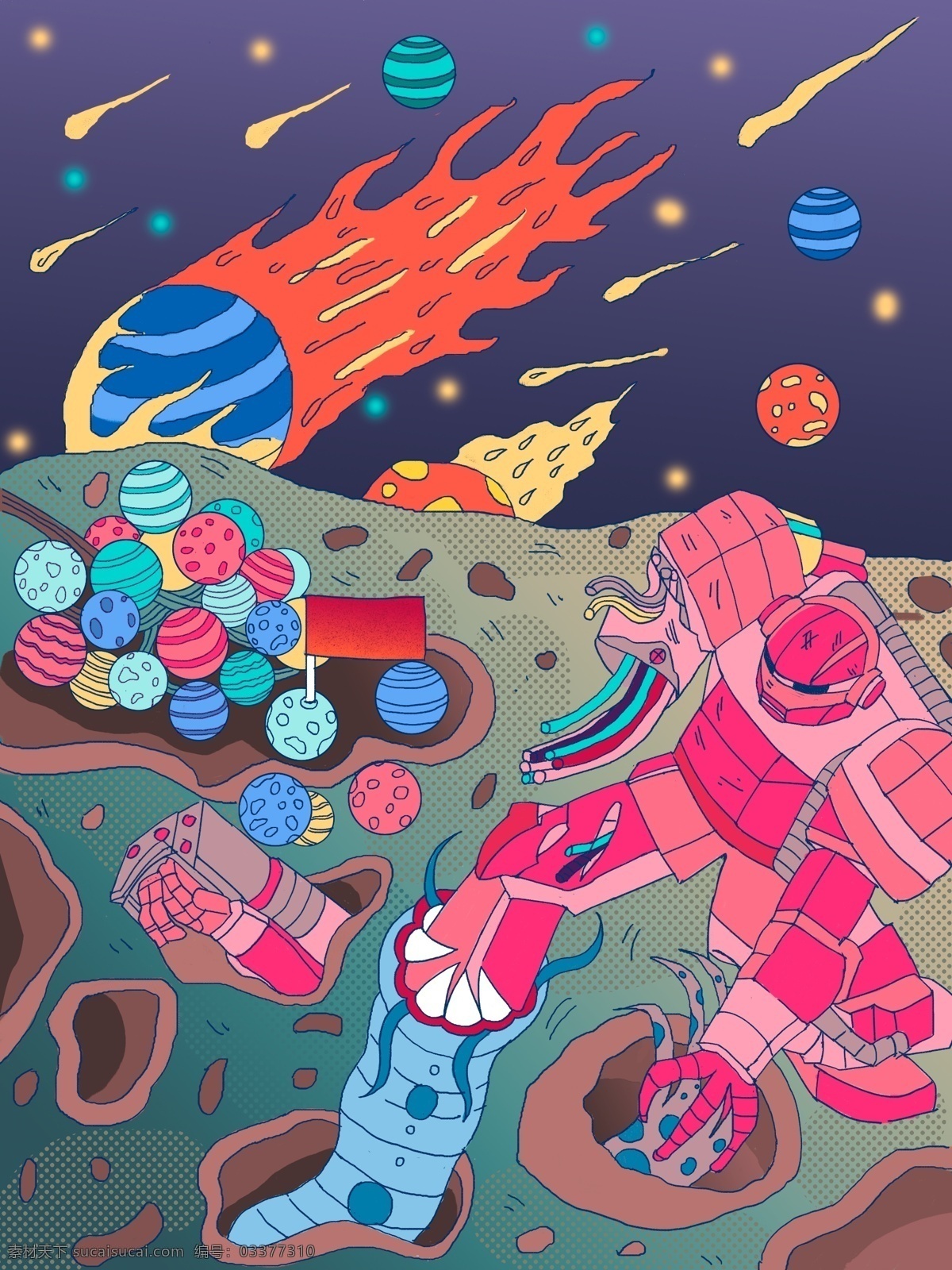 描 风格 宇宙 探险 插画 海报 壁纸 机器人 banner 渐变 描边风格 星球 流星 月球