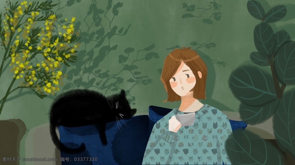 居家 猫咪 咖啡 午后 女孩 手绘 插画 插图 朋友圈配图 手机壁纸 配图 微博配图 公众号配图 文章配图 原创