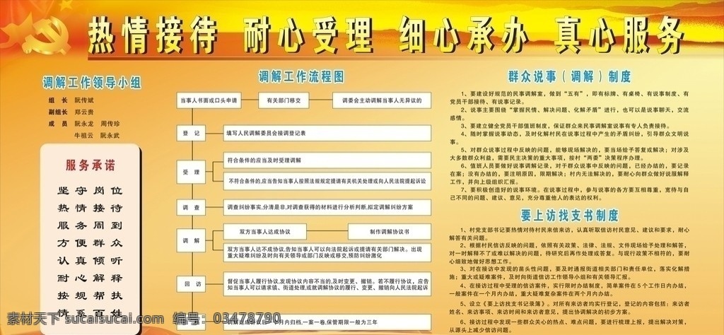 农村党建展板 民事调解 群众说事 要上访找支书 民事 调解 工作流程 服务承诺 党建 展板模板 矢量