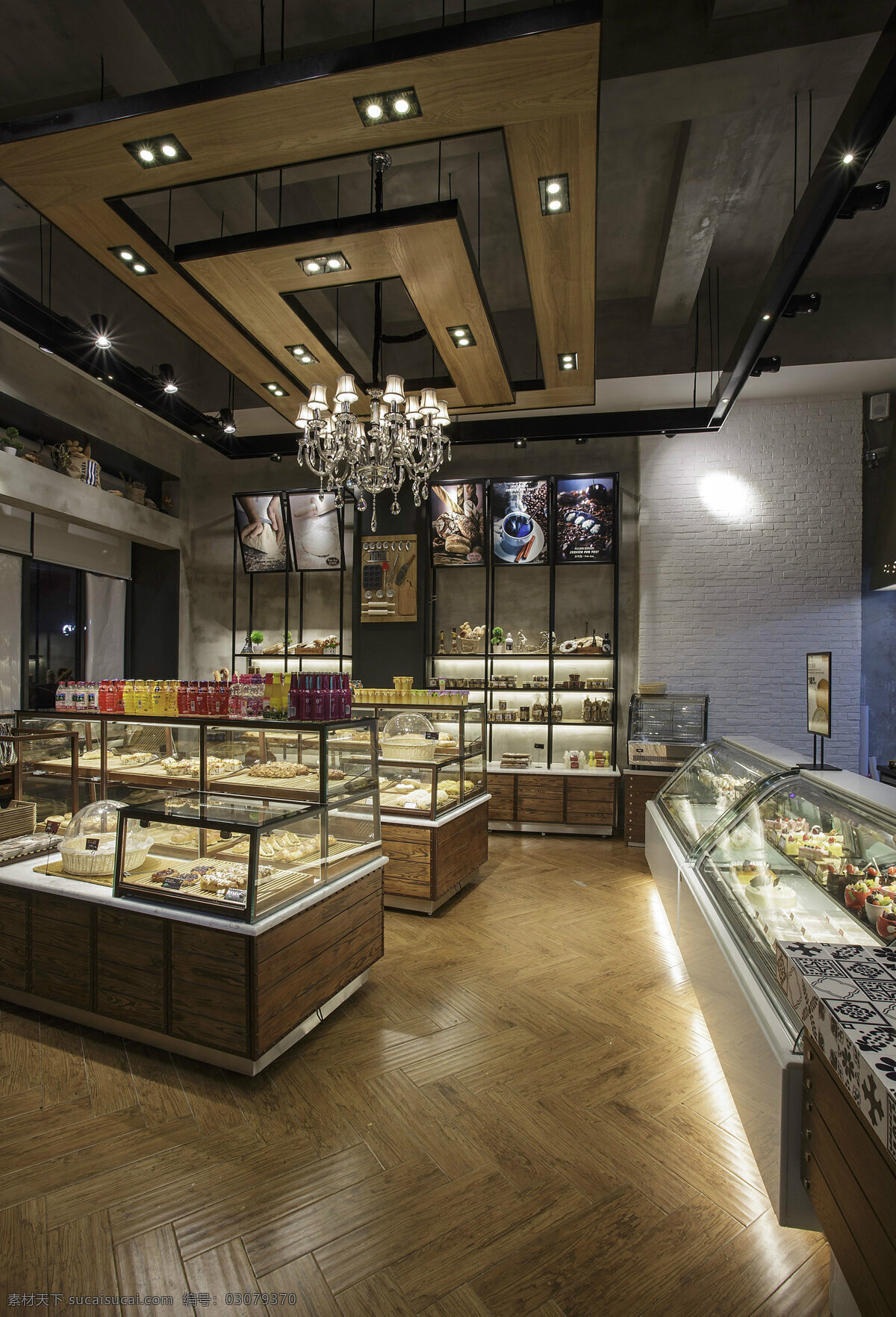 简约 时尚 甜品 店 黄色 木地板 装修 效果图 白色射灯 蛋糕柜 方形吊顶 甜品店 置物架