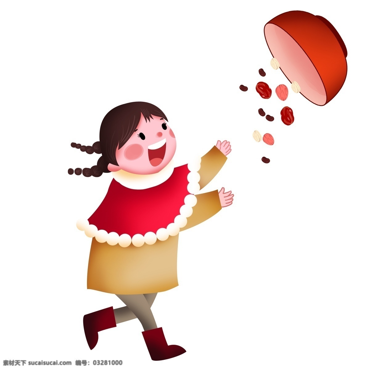 腊八节 漂亮 小女孩 红色的碗 漂亮的小女孩 卡通人物 手绘腊八粥 人物 插画 美味的腊八粥 营养腊八粥