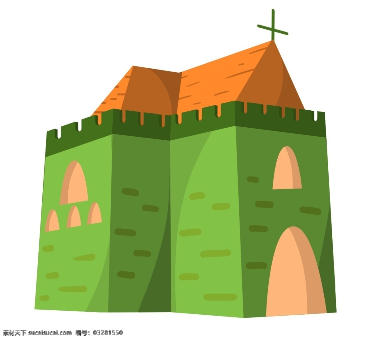 绿色 城堡 建筑 插图 橙色 绿色城堡 城堡建筑 绿色城堡插画 漂亮 城堡插图