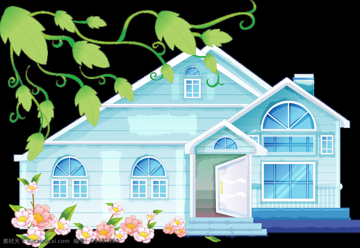 彩绘 蓝色 房子 绿叶 粉色 花朵 元素 png元素 建筑 免抠元素 欧式 透明元素 叶子