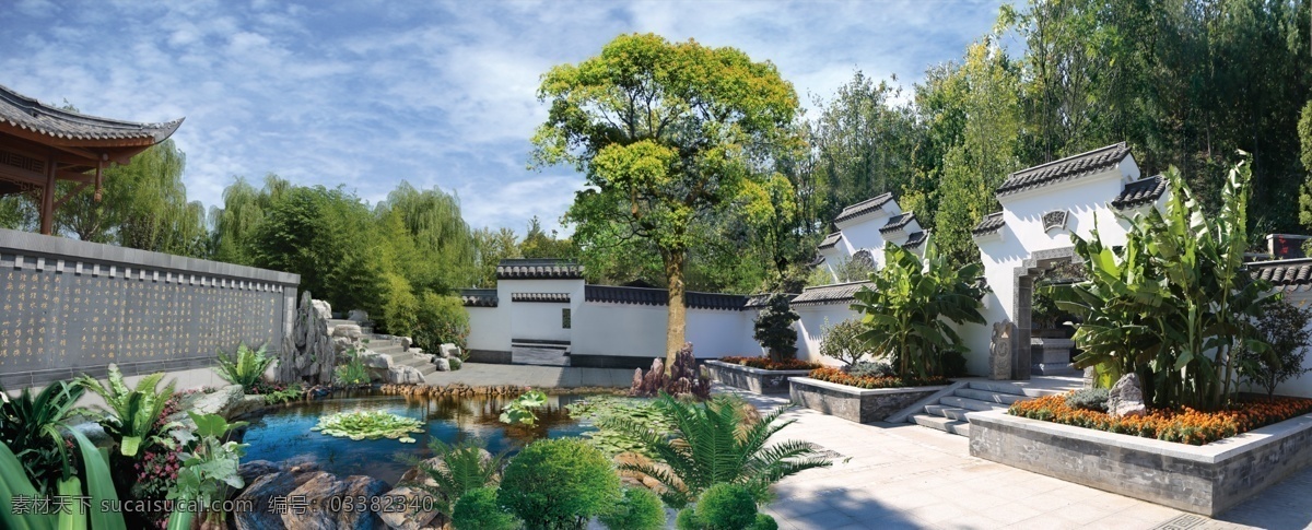 中式 园林 场景 合成 庭院 传统 中式建筑 徽派 池塘 自然景观 建筑园林