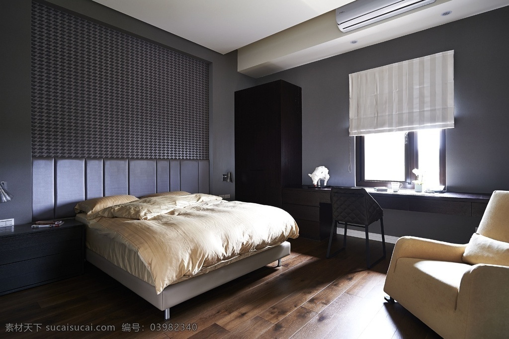 室内 卧室 现代 创意 装修 效果图 环保实木地板 时尚大床 冷色调 灰色墙面 背景墙 白色吊顶