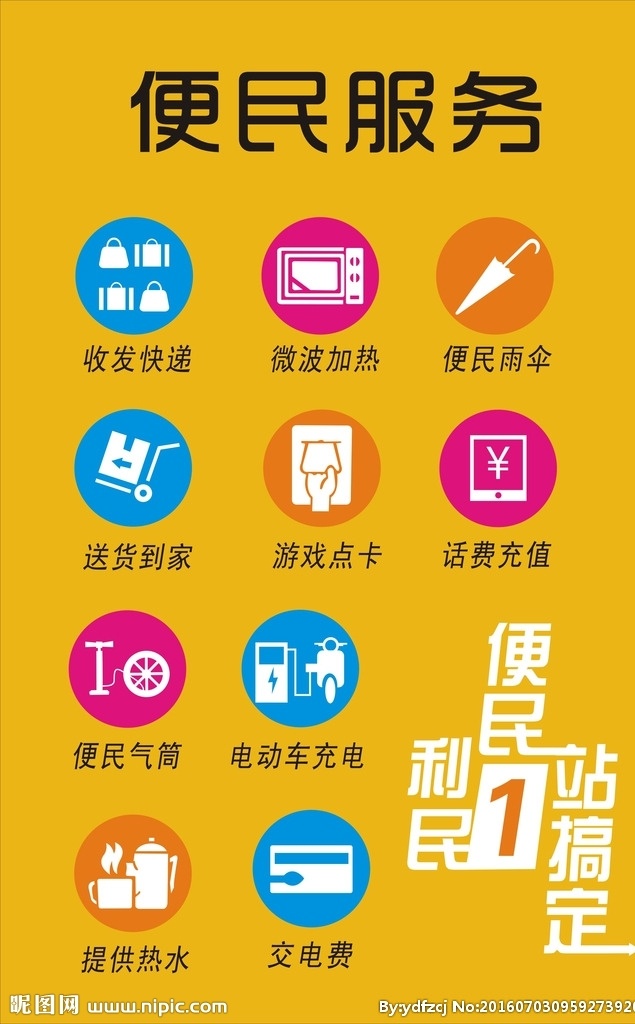 便民服务 便民店标识 免费打气 微波加热 电动车充电 提供热水 送货到家 收发快递 便民雨伞