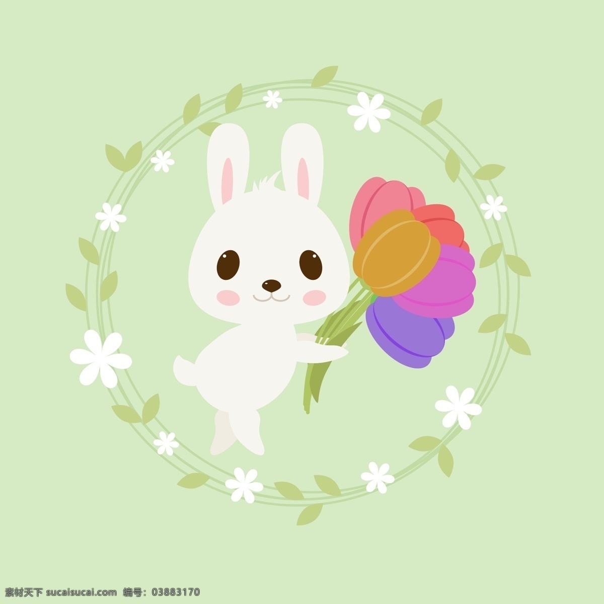 小兔子 花环 花朵 矢量分层 插画 卡通设计