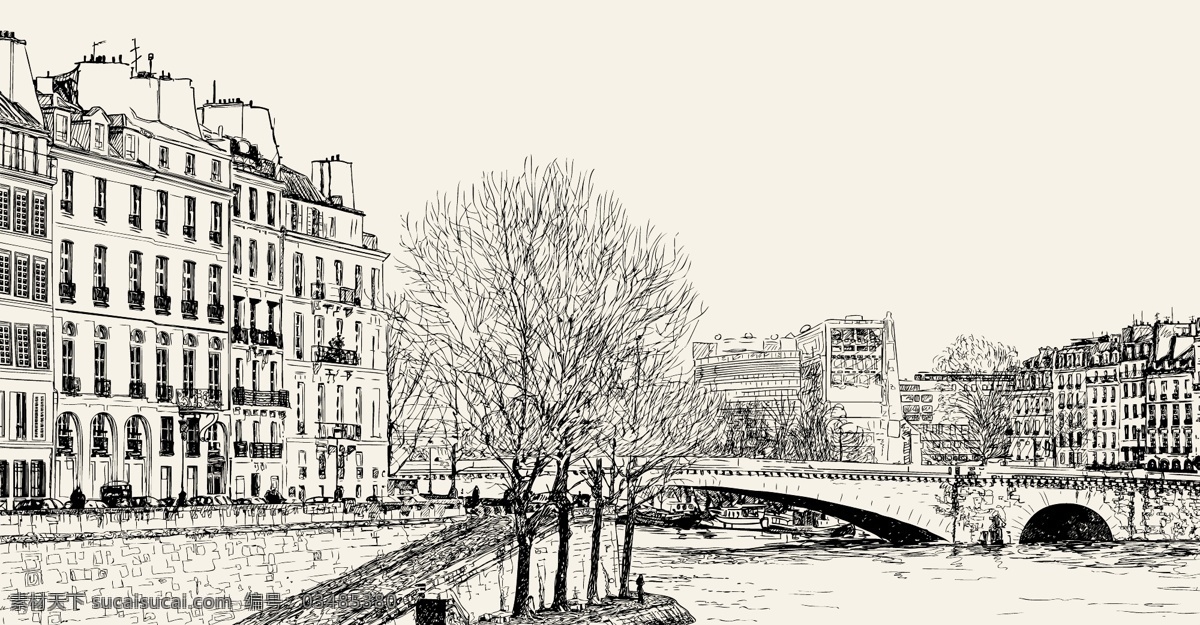 矢量 精美 手绘 街 城市 河流 建筑 街道 桥梁 树木 素描 细 河坝 线条艺术 矢量图 其他矢量图