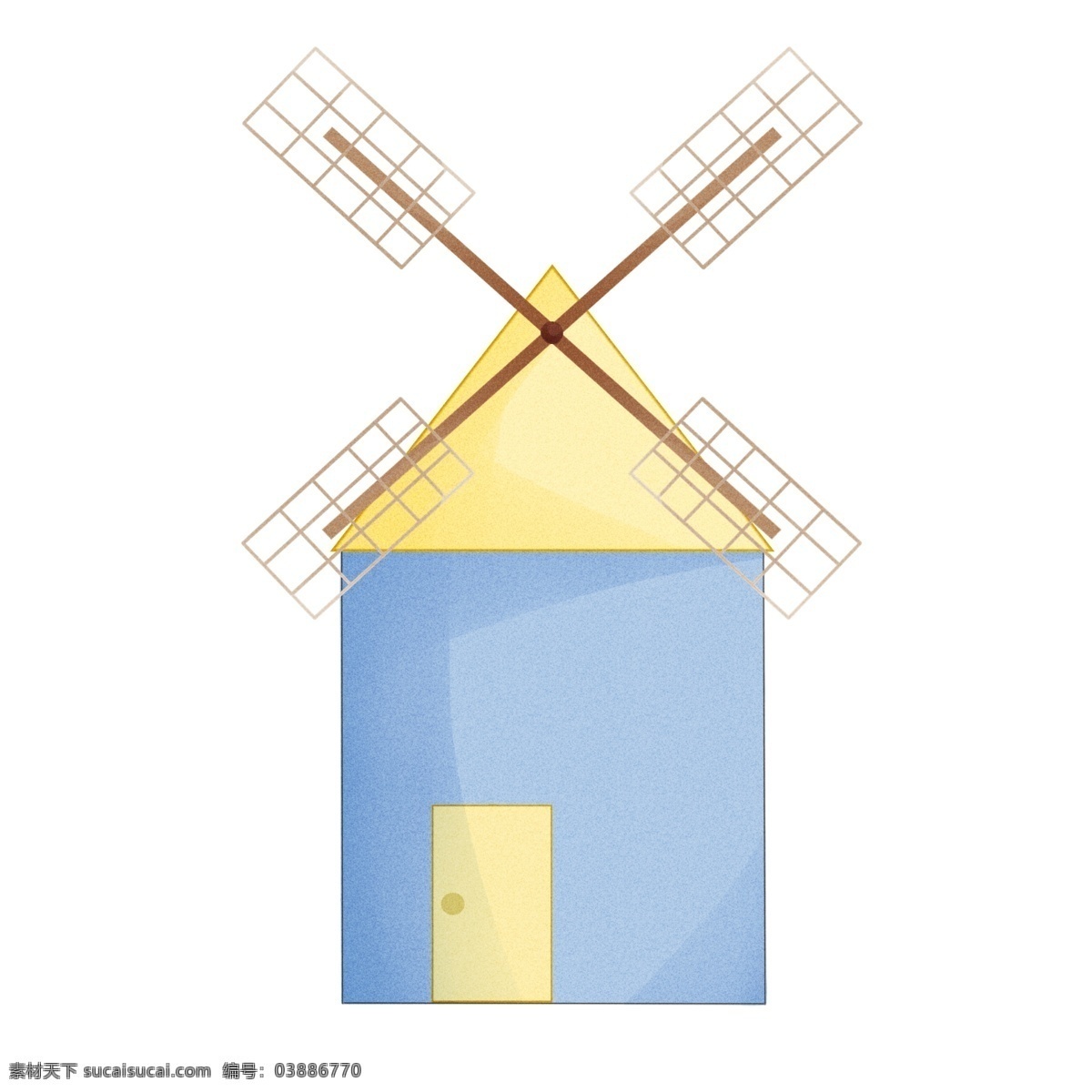 蓝色 卡通 风车 插画 蓝色的房屋 黄色的门 黄色屋顶 木质的扇叶 卡通风车插画 木质风车插画