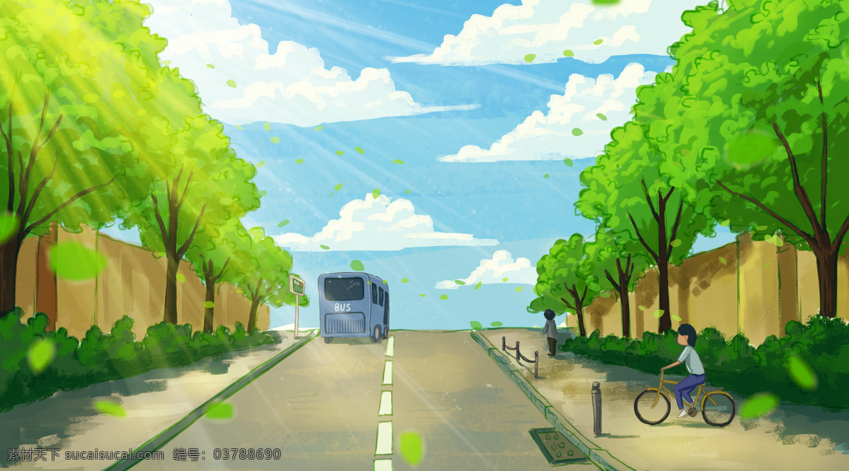 蓝天 绿色 公路 插画 卡通 背景 素材图片 清新 类