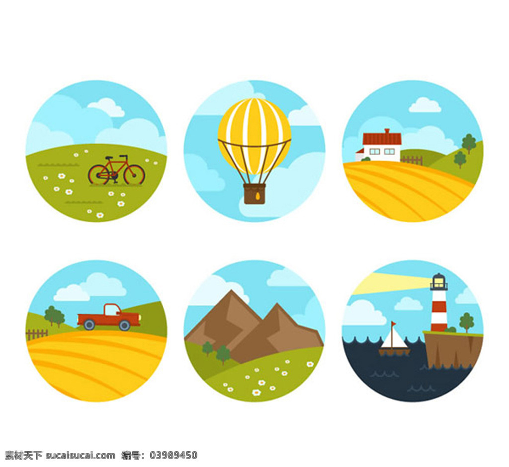 圆形风景图标 圆形 风景 图标 农村 乡村 天空 云 单车 热气球 海 天气 山 标志 贴纸 白色
