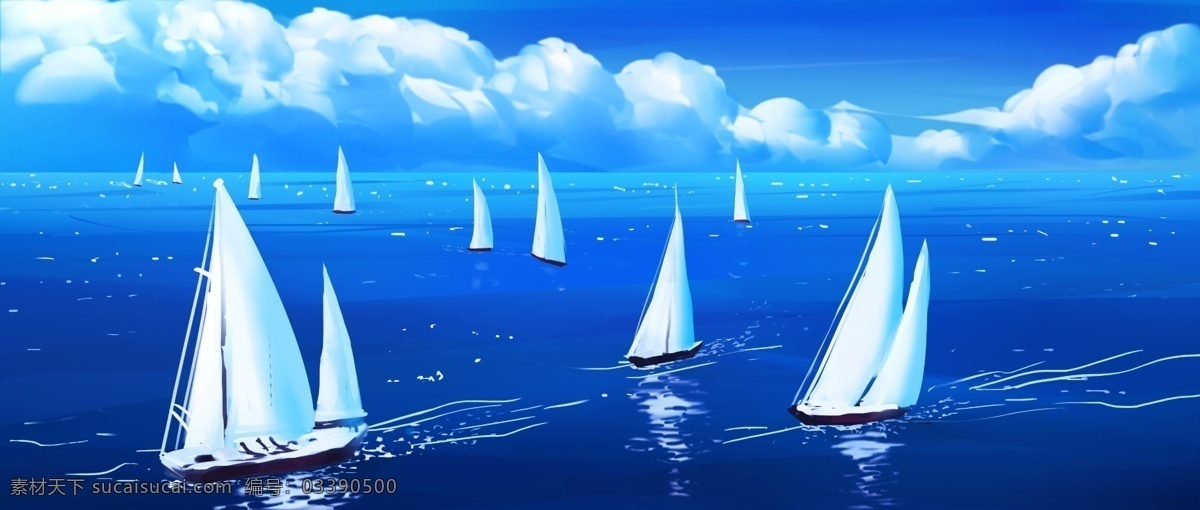 帆船 海洋 大海 插画 卡通 清新 类 背景 分层