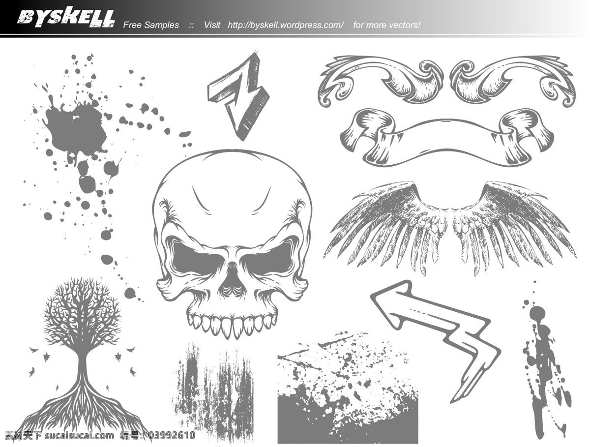 骷髅免费下载 翅膀 飞行 花纹 箭头 恐怖 骷髅 另类 鸟类 泼墨 矢量素材 条纹 树木 矢量图 其他矢量图