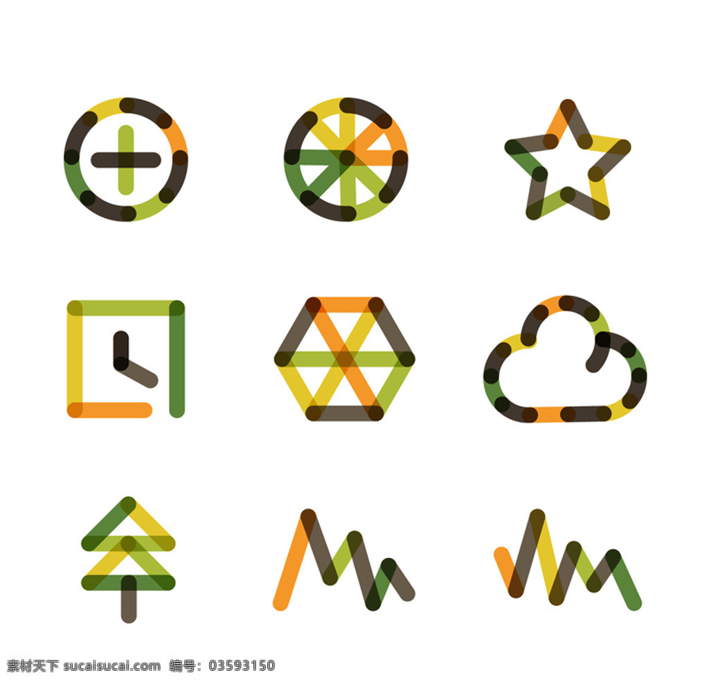 创意拼色图标 树 扁平 组合 云 渐变 数据 星 时钟 六角形 车轮 图标 标志 logo 商标 白色