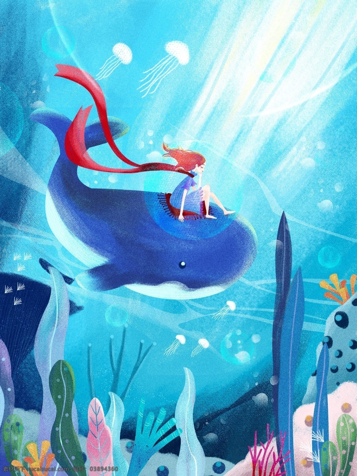 治愈 系 鲸鱼 女孩 唯美 插画 红丝带 鲸鱼与女孩 深海 海底植物 梦幻 治愈系