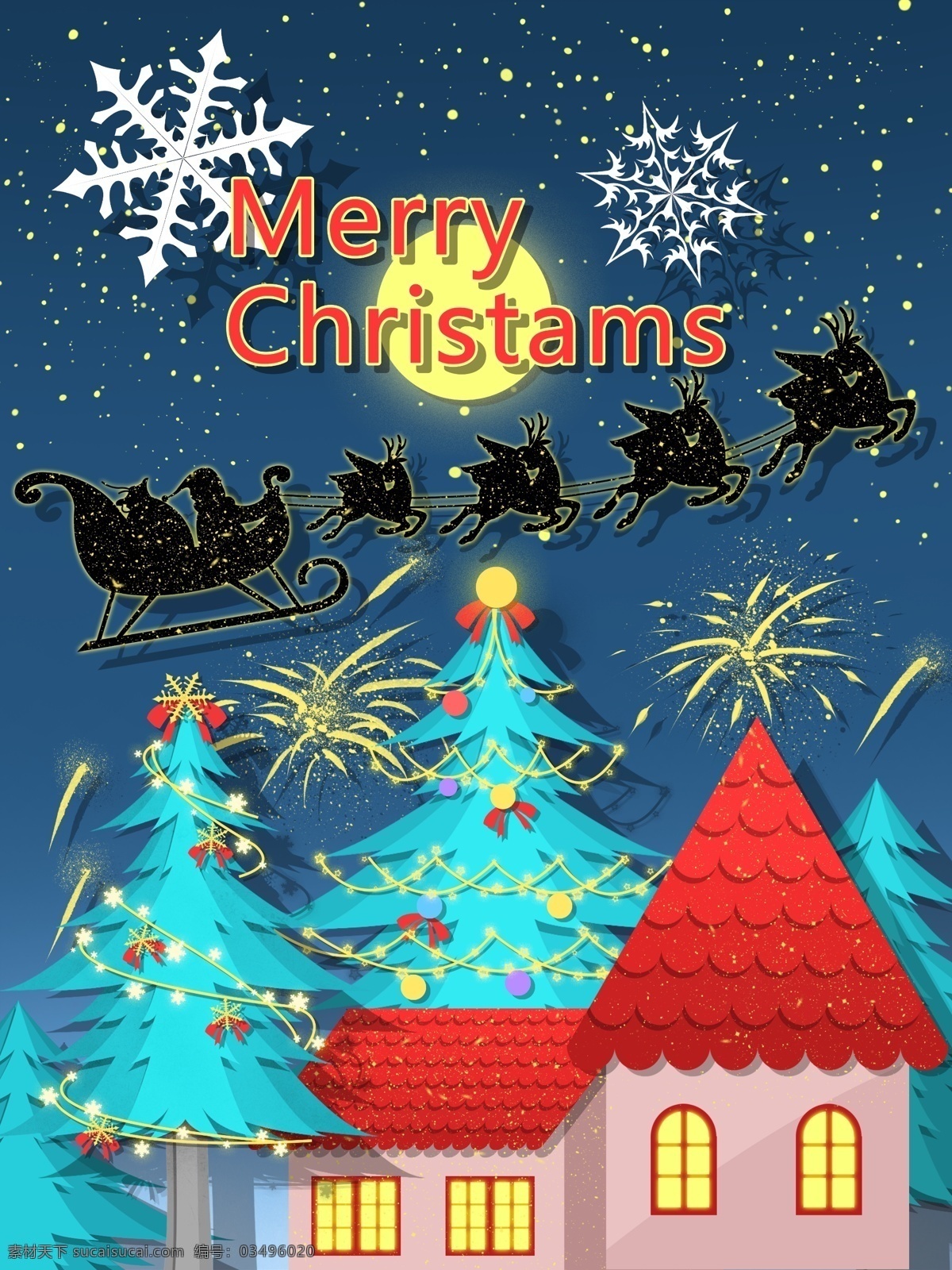 圣诞节 剪纸 风 插画 圣诞老人 坐 雪橇 飞过 屋顶 圣诞树 星空 房子 壁纸 圣诞快乐 松树 剪纸风 背景 日签