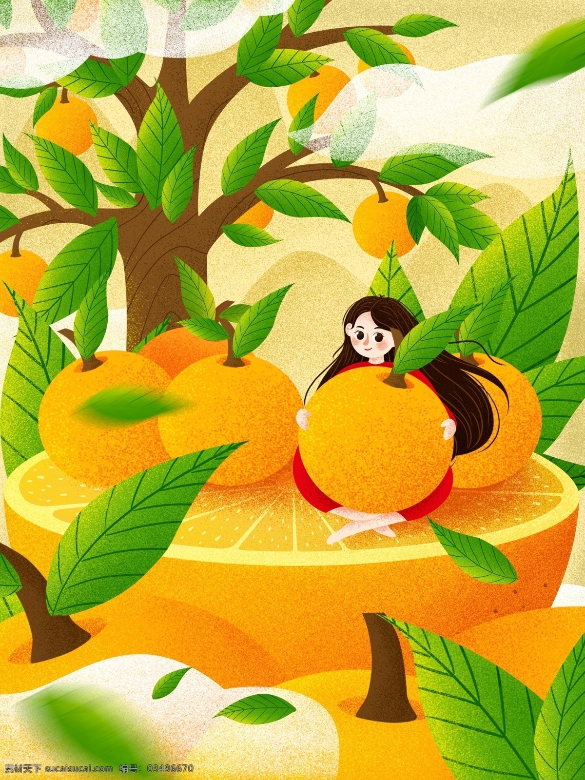 创意 水果 橘子 插画 黄色 女孩 人物 叶子 树叶 橙子 橘色 橘子树