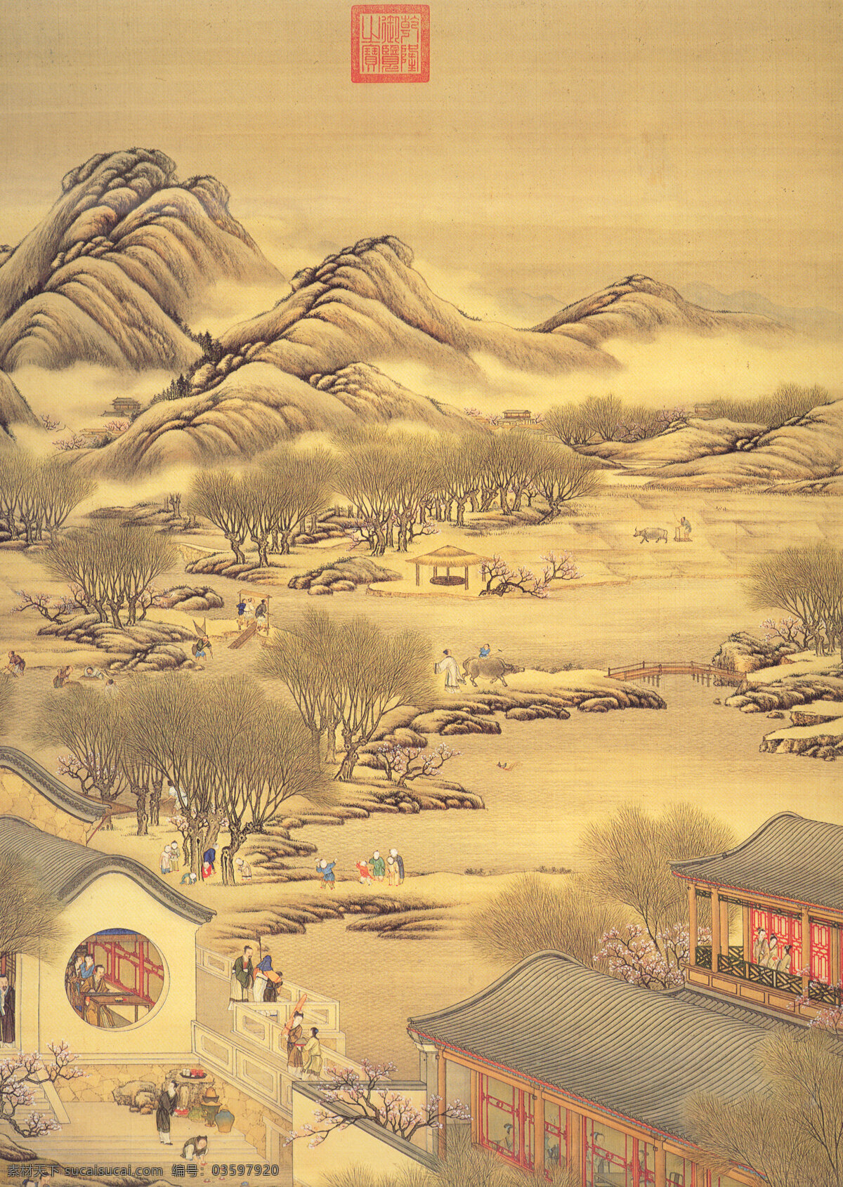 古画绘画 国画 山水 风景图 古代人物 古代建筑 耕田 绘画书法 文化艺术