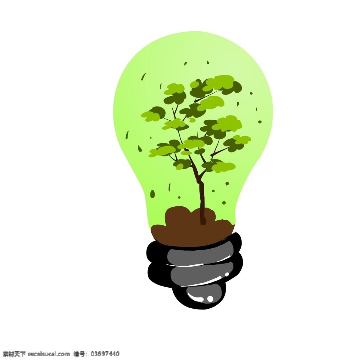 绿色 小树 灯泡 插画 绿色的灯泡 小树装饰灯泡 创意环保灯泡 照明工具 黑色的灯柄 飘落的树叶