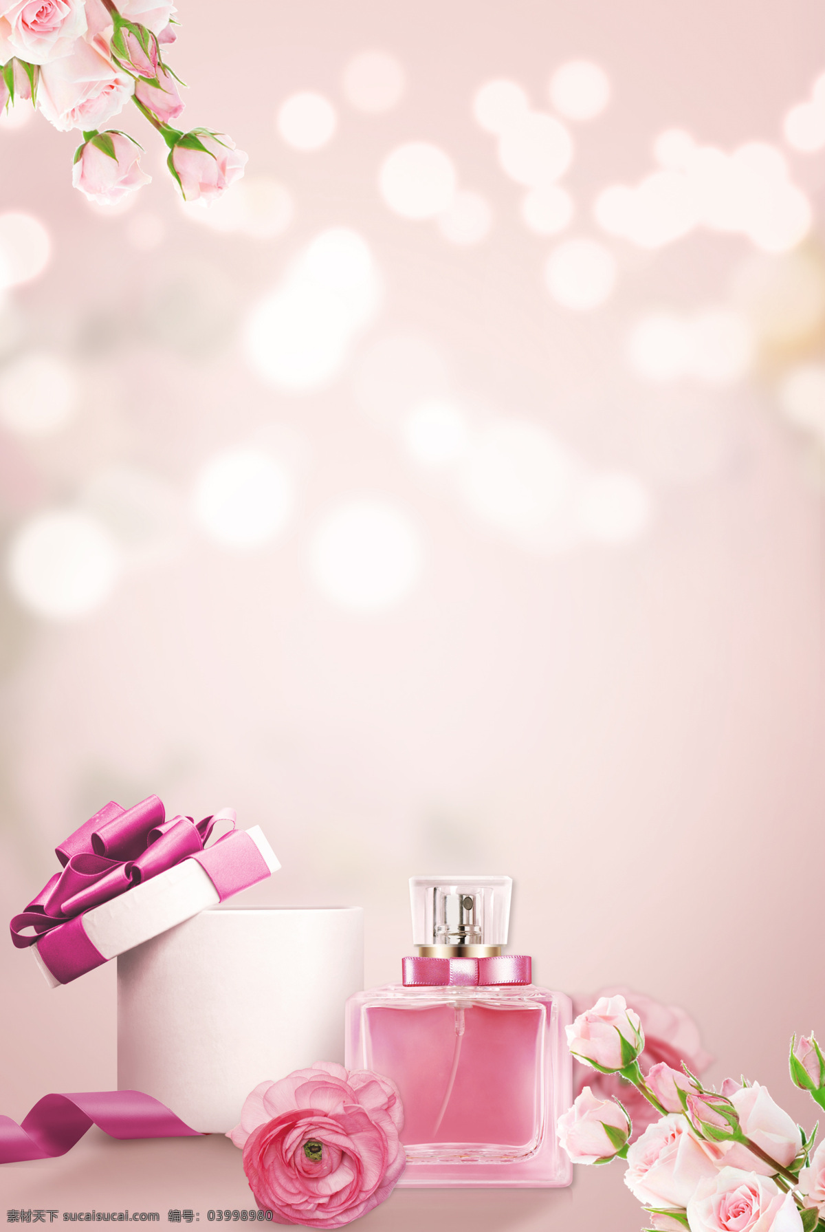 粉色 浪漫 商品 促销 背景 礼盒 花朵 玫瑰花 化妆品 商场 礼物 光斑 香水 丝带