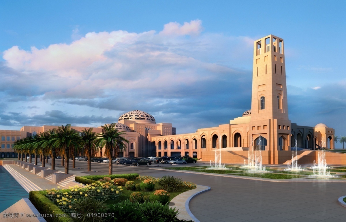 中东 阿拉伯 建筑 喷泉 广场 铺装 绿化 水岸 后期 分层 风土 民俗 风景