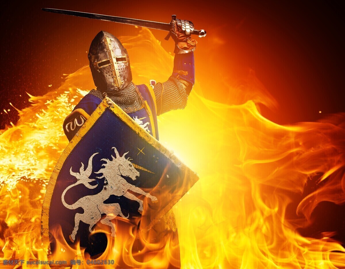 宝剑 武士 火焰 欧洲武士 火苗 燃烧 骑士 战士 古代士兵 盾牌 其他人物 人物图片