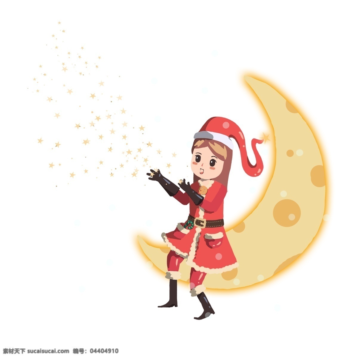 圣诞节 里 小女 孩儿 坐在 月亮 上 圣诞小姐姐 月牙弯弯 星光闪闪 法术 红色 圣诞衣 圣诞帽子 靴子 手套 祝福 卡通 手绘