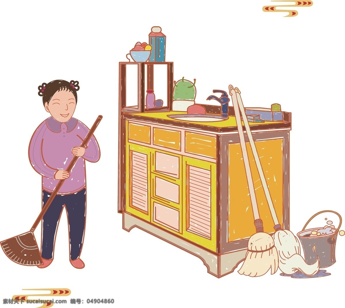中国 风 手绘 打扫 卫生 小女孩 日常 场景 中国风 日常场景 熟悉 扫把 中柜 羊角辫 扫帚 帮忙 在家 反应 社会 怀旧