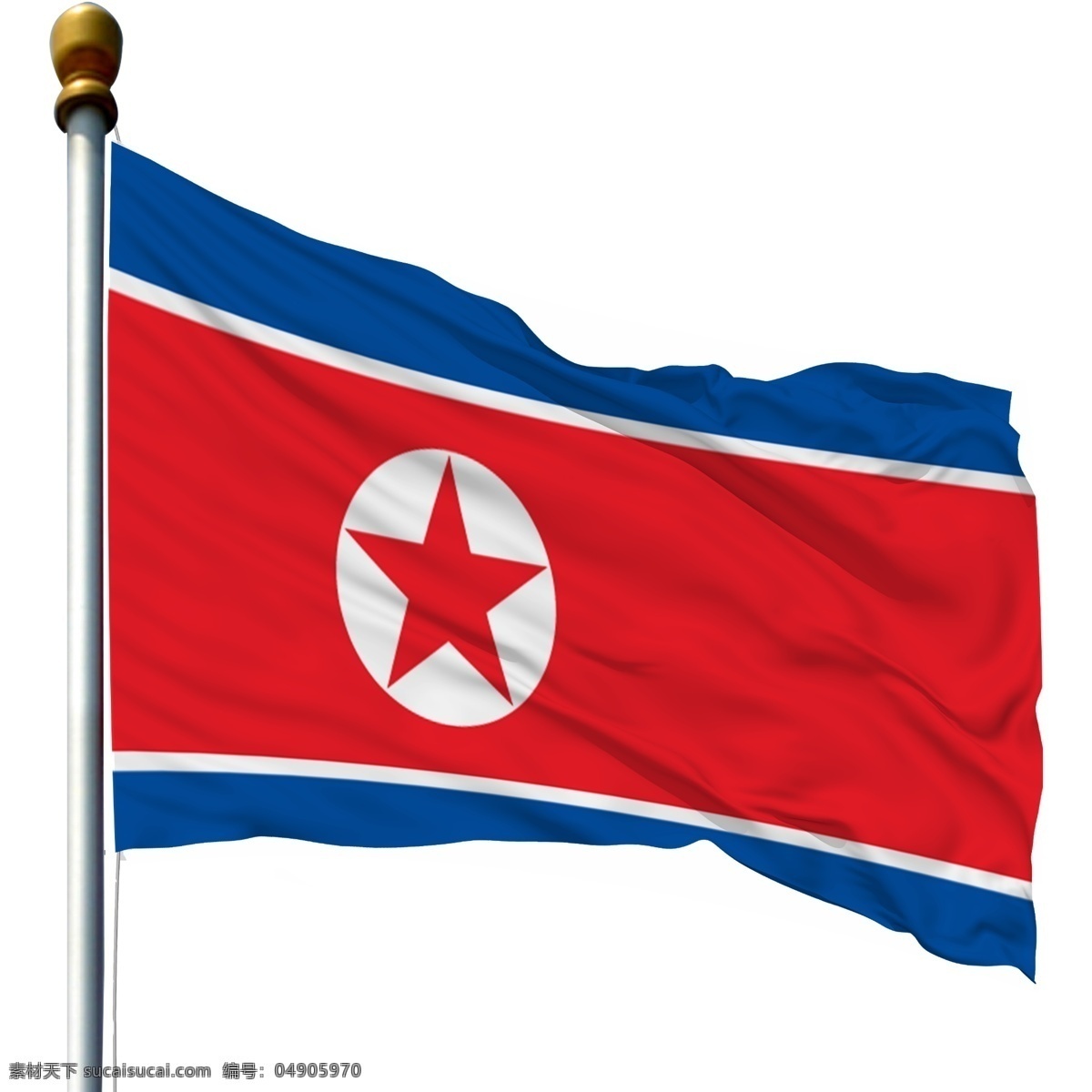 带 旗杆 朝鲜 国旗 飘扬的旗子 带旗杆的旗子 带旗杆的国旗 飘扬 朝鲜国旗