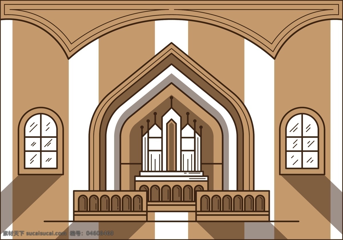 教堂设计图 矢量图 彩色 棕色 白色