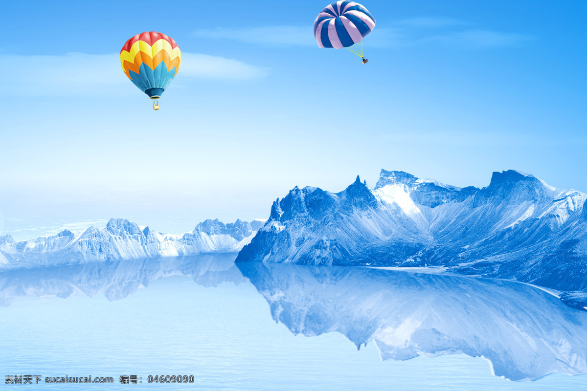 雪山冰川 雪山 冰川 湖水 湖泊 白色 蓝色 蓝天 白云 热气球 山 水 背景素材 自然景观 自然风光