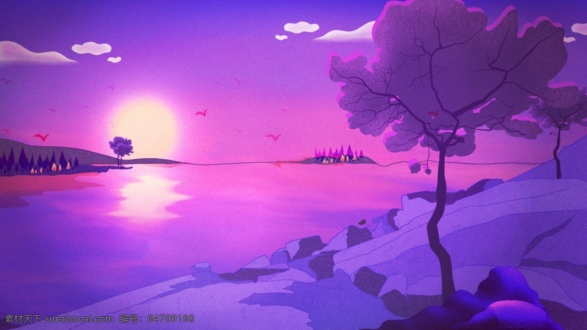 紫色 唯美 日落西山 美景 背景 蓝色 背景素材 卡通背景 冬季 日落背景 山 广告背景 psd背景 手绘背景