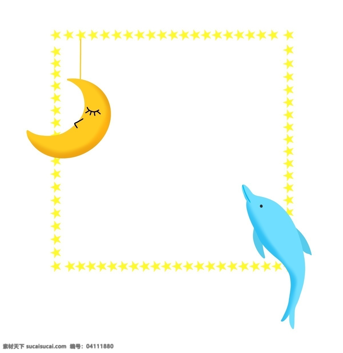 海豚 月亮 边框 插画 月亮边框 海豚边框 月亮边框插画 黄色月亮 卡通月亮边框 蓝色海豚边框 黄色边框