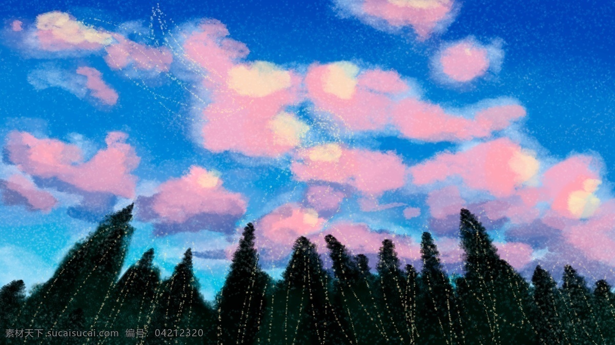 森林 蓝天 白云 彩绘 插画 背景 天空 云朵 背景素材 卡通背景 手绘背景 彩绘背景 插画背景 森林背景 植物背景 广告背景 psd背景