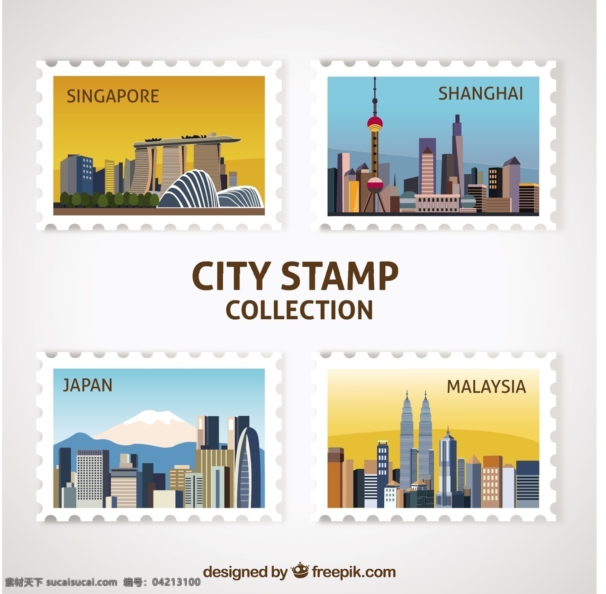 四 城市 邮票 装饰 图标 四个 城市邮票 装饰图标