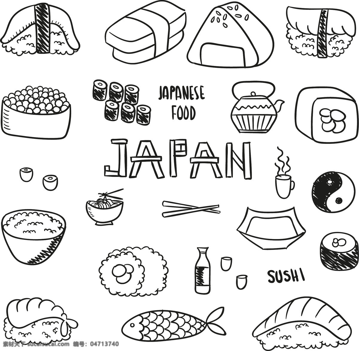 日本食物美食 日本食物 美食 手绘 线条 矢量图