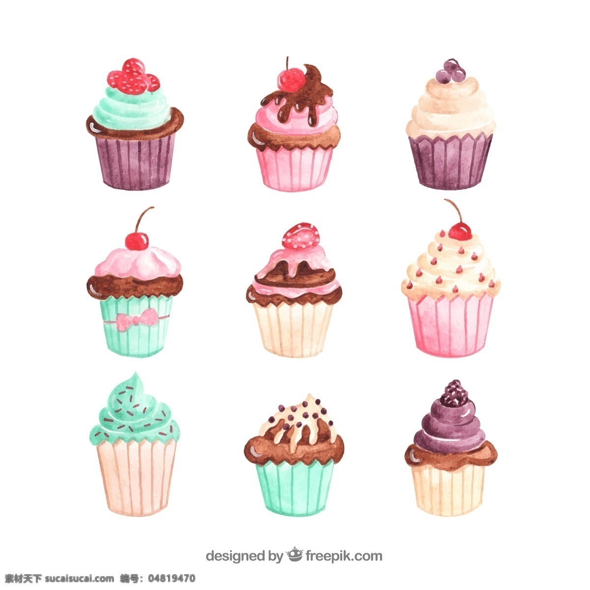 彩绘纸杯蛋糕 彩绘 纸杯 蛋糕 奶油 草莓 樱桃 葡萄 巧克力 矢量卡通 生活百科 餐饮美食