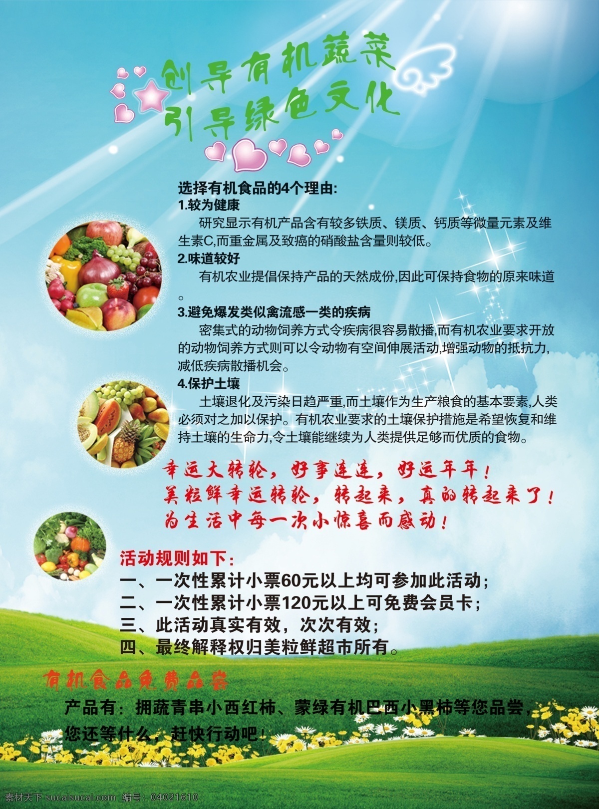 有机 蔬菜 宣传单 dm宣传单 白云 广告设计模板 花 蓝天 绿草地 小翅膀 阳光 星光 源文件