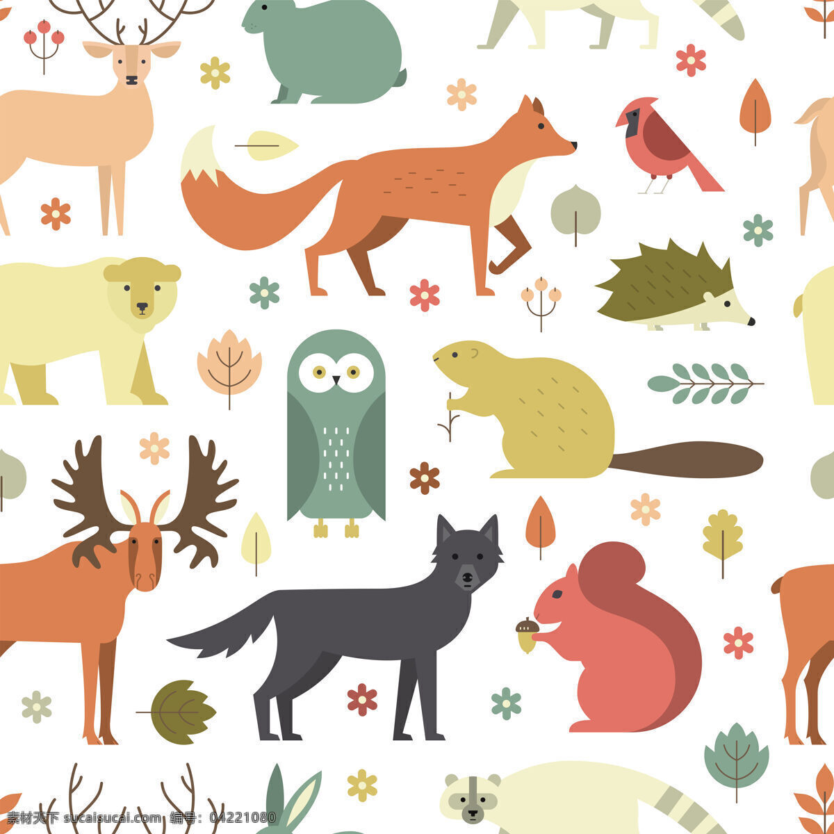 童趣 清新 动物 图案 壁纸 装饰设计 小鹿 松鼠 猫头鹰 小鸟 小狼 壁纸图案